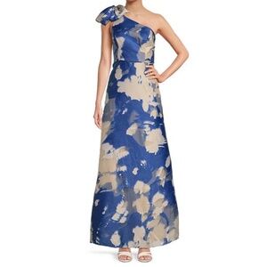 Aidan Mattox Floral Jacquard One Shoulder Short Puff Sleeve Ball Gown Sz14